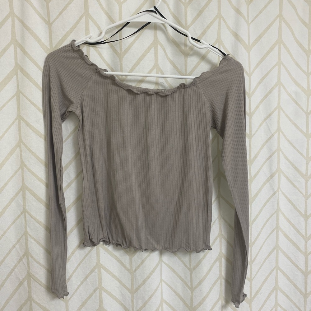 off the shoulder tan blouse